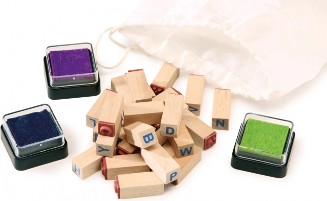 wooden alphabet stamps small foot with pouch and ink pads