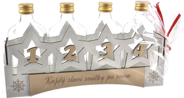 Bouteille en verre dans un support en bois avec motif de l’Avent 33 × 18,5 × 6,5 cm