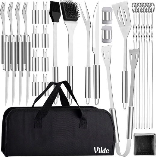 Set d’ustensiles de barbecue en acier inoxydable avec étui, 33 pièces