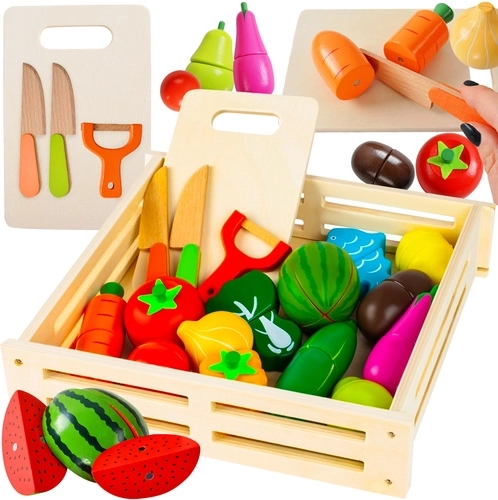 Wooden fruit and vegetable cutting set in a crate, 34 pieces