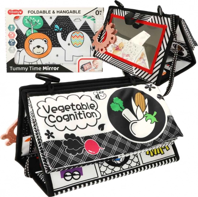 High-contrast sensory book with crib toy