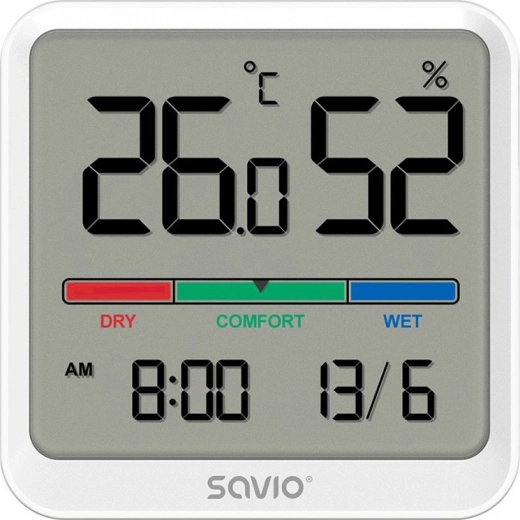 Digitales Thermo- und Hygrometer SAVIO mit LCD, Uhr und Datum, magnetischer Halterung – Weiß