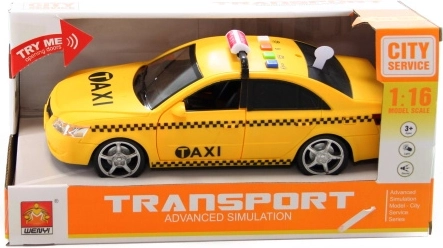 Plastic battery-powered taxi with lights and sounds