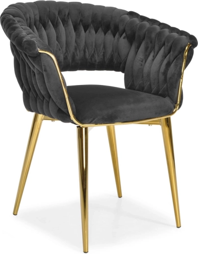 Sedia imbottita in velluto per sala da pranzo e soggiorno, nera con gambe dorate e schienale intrecciato