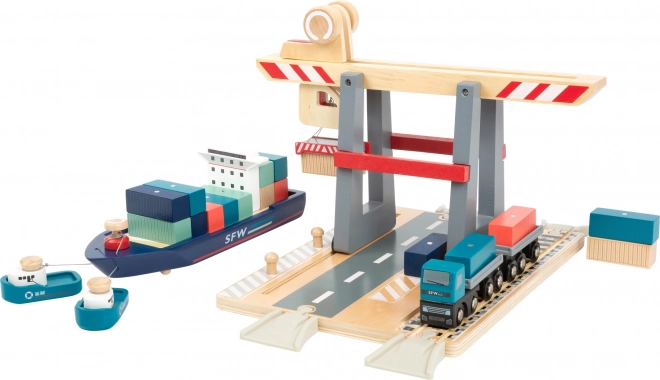 Small Foot havnedepot med tilbehør – træbaseret udvidelig togbane med kran og containere