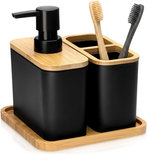 Vilde set da bagno nero con bambù, 3 pezzi