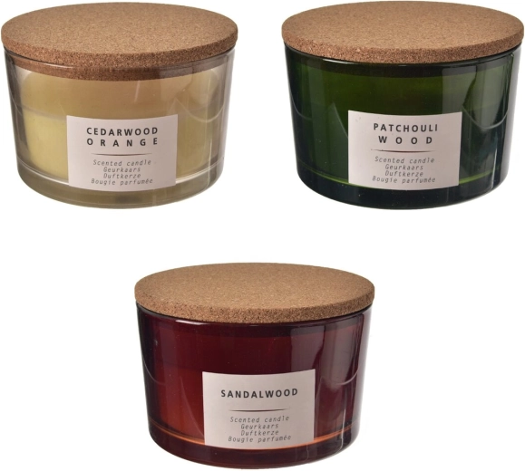 Candela profumata in vetro con coperchio in sughero 400 g (3 varianti)