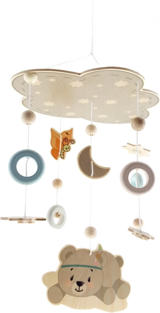 Hanging mobile teddy bear from natural wood