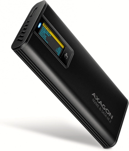 Axagon EEM2-SD2B box esterno in alluminio per M.2 NVMe/SATA, USB-C 3.2 Gen 2, display LED, nero