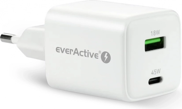 GaN Wall Charger with USB‑C 45 W PD and USB-A QC4+ white