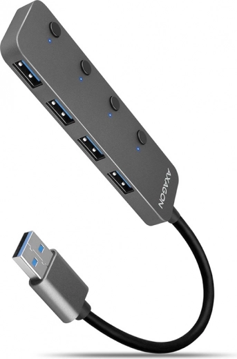 Axagon HUE-MSA hub USB en métal 4× USB 3.2 Gen 1 avec interrupteurs, câble 20 cm