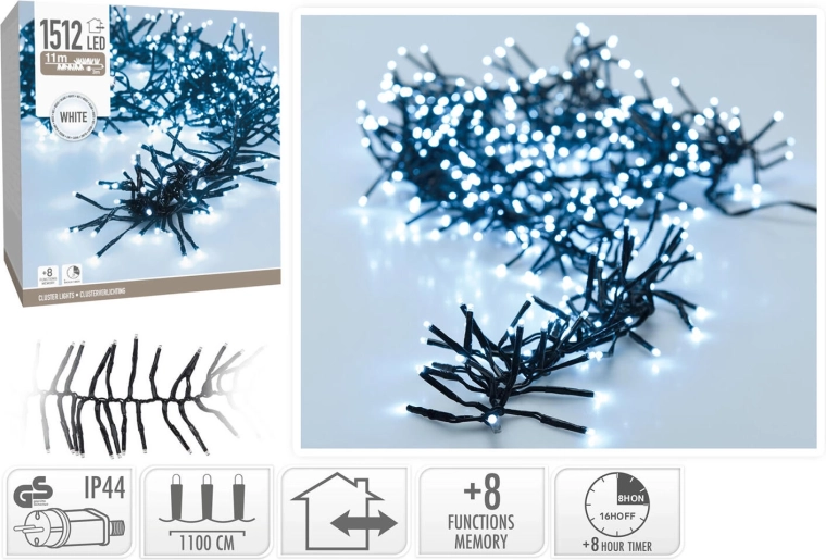 Christmas light string 11 m, 1512 LEDs, cool white, 8 functions, IP44, with timer - 1 pc