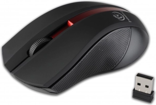 Mouse ottico wireless con superficie gommata GALAXY, nero‑rosso