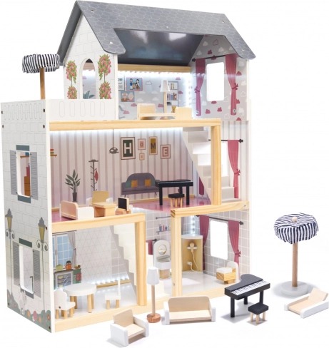 MDF wooden dollhouse, black, 78 cm with LED lighting
