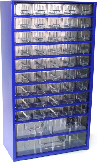 Kovinska predalčna omarica za dele TOKOZ, 45 malih + 2 srednji + 1 velik predal, 30,5 × 55 × 15,5 cm, modra