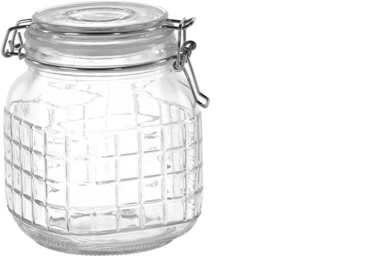 Airtight 1 L glass storage jar with a grid pattern