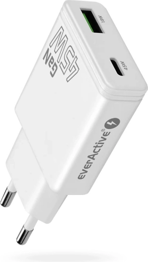 Caricatore everActive GaN super slim 45 W con USB‑C PD e USB‑A QC 3.0