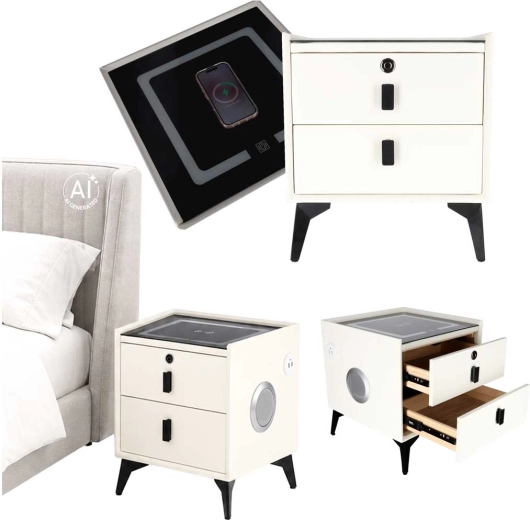 Smart bedside table with biometric lock, wireless charging and Bluetooth speaker, ecru - 1 piece