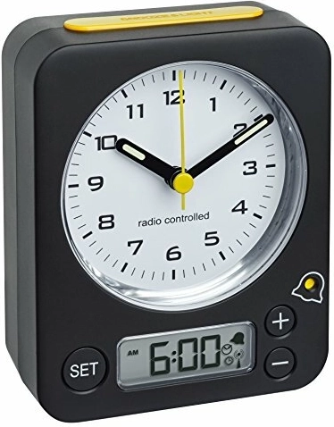 Wireless alarm clock TFA Combo with digital setting, black–yellow