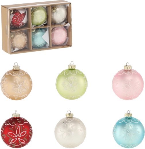 Set of Glass Christmas Baubles 8 cm – Mix of Colorful Patterns (6 pcs)