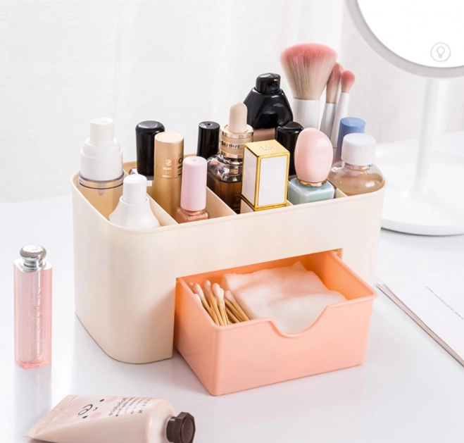 Elegante organizer voor cosmetica met lade in wit-roze kleur