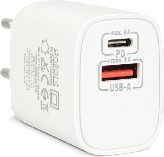 Mains USB charger with USB-C PD 20 W, white