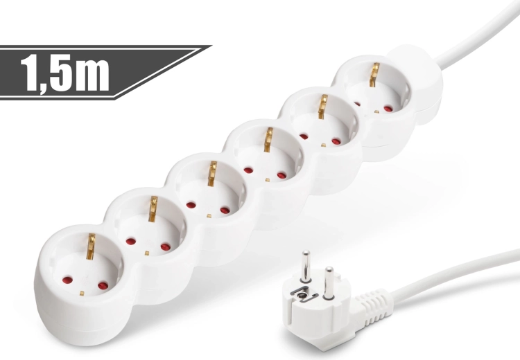 White extension cord with 6 sockets, 1.5 m