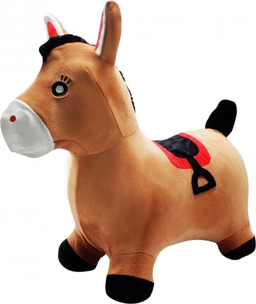 Inflatable plush hopping horse with washable cover and pump
