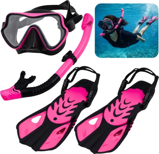 Snorkeling set with mask, snorkel and fins black‑pink S/M (EU 37–41)