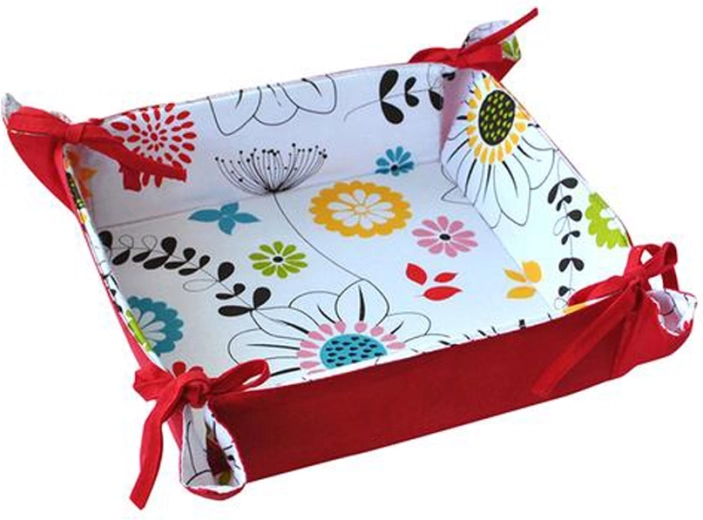 Textile bread and pastry basket with red flowers 20 × 20 cm