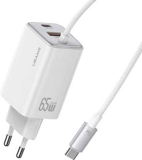 Usams JC Series 65W GaN‑Netzladegerät mit integriertem USB‑C‑Kabel (2× USB‑C, 1× USB‑A), weiß