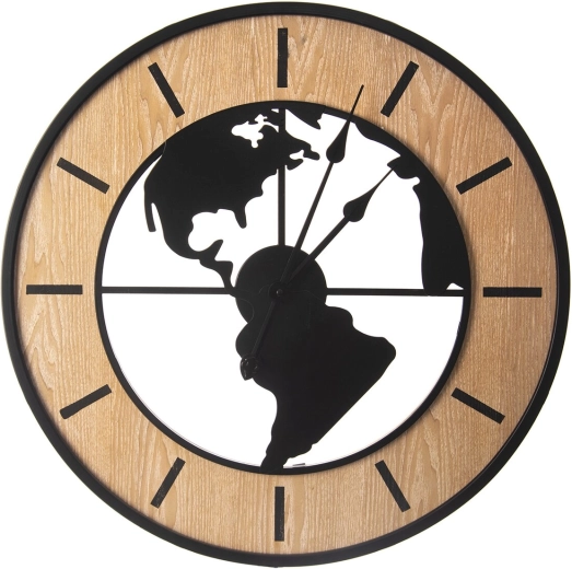 Orologio da parete in legno e metallo con motivo mappa del mondo 60 cm