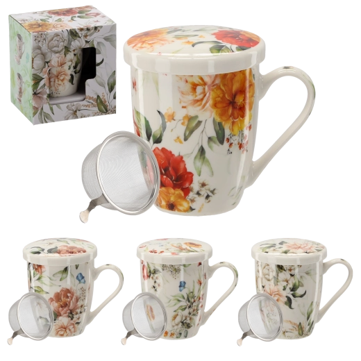 Mug en porcelaine avec couvercle et filtre inox 340 ml – motif floral