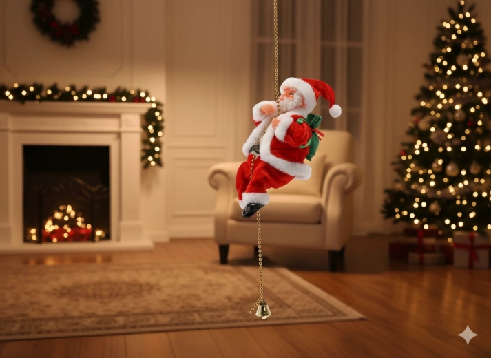 Père Noël grimpant de Noël sur une chaîne dorée avec grelot 20,5 cm