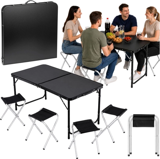 Klappbares Camping-Set: Tisch und 4 Hocker im Koffer, schwarz