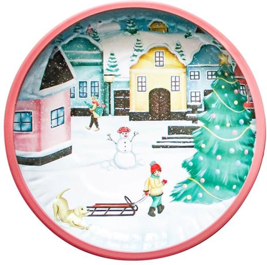 Plateau rond en métal de Noël Village 26 cm