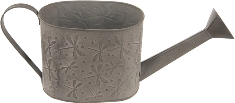Decorative metal watering can with dragonfly motif – grey