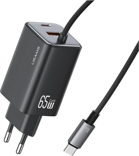 USAMS JC Serie GaN Netzladegerät 65 W mit integriertem USB‑C‑Kabel (2× USB‑C, 1× USB‑A), schwarz