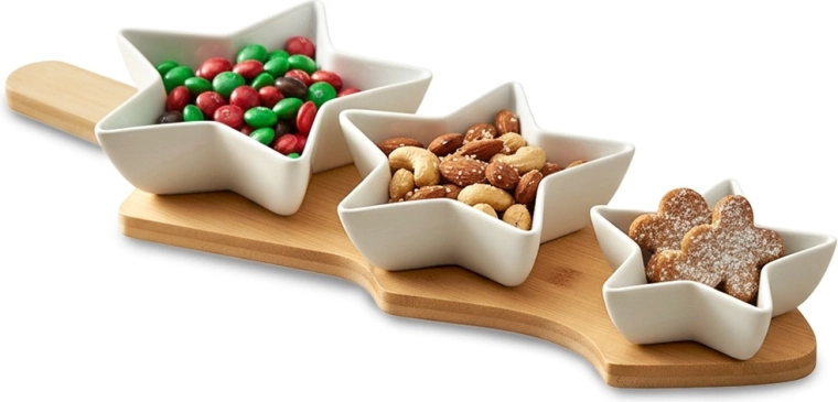 Porcelænsskåle til snacks på bambusbakke, 4-delt sæt