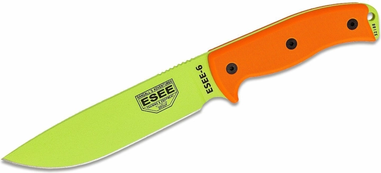Fixed Knife ESEE 6 with Plain Edge, Green Blade and Orange G10 Handle with Sheath