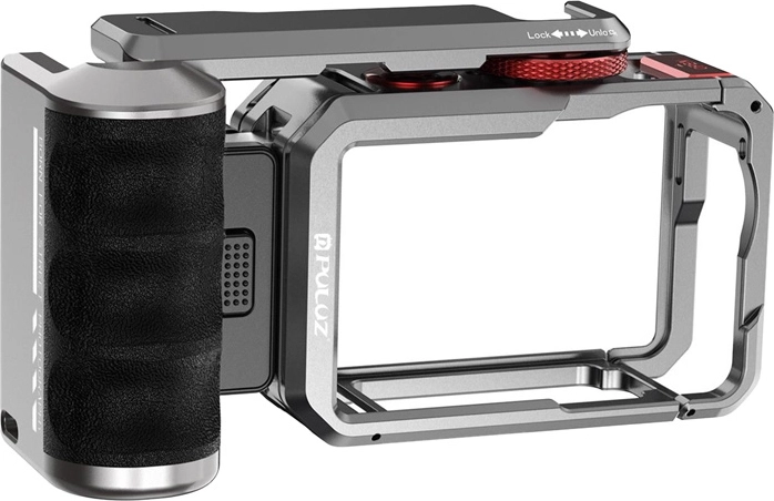 Titanium expansion cage with handle and Puluz mounts for DJI Osmo Action 6