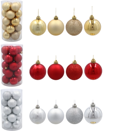Set de 20 boules de Noël 5 cm – rouge, or et argent