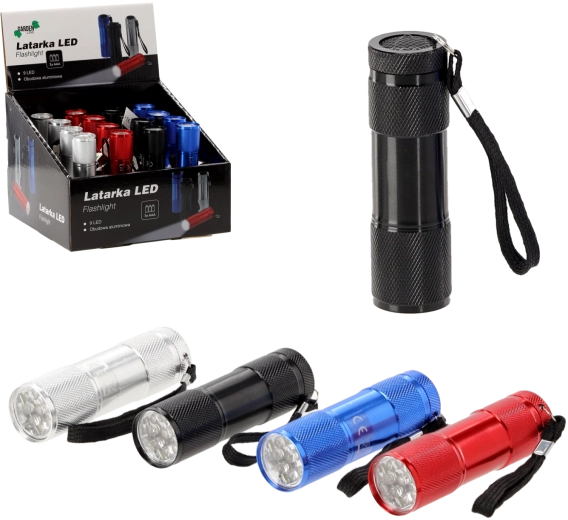 Pocket LED flashlight, assorted colors with 9 LEDs and wrist strap