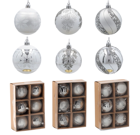 Set of 6 silver Christmas baubles 7 cm with various patterns