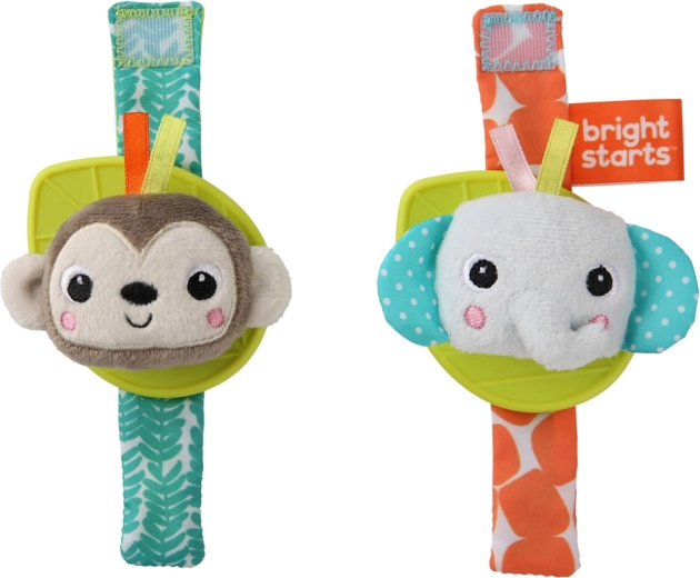 Armbåndsrasle med bidering BRIGHT STARTS – abe og elefant, 2 stk.