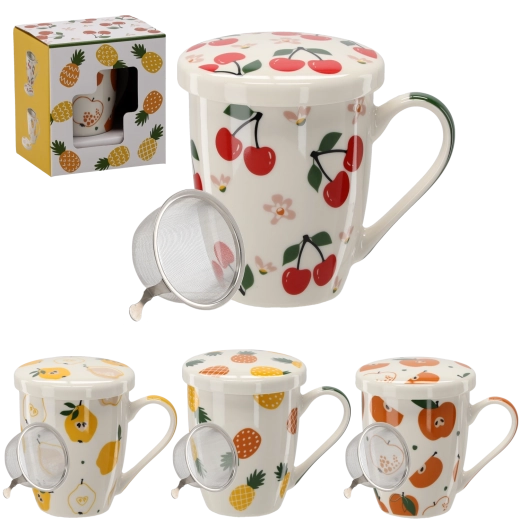 Mug en porcelaine avec couvercle et filtre 340 ml aux motifs fruités