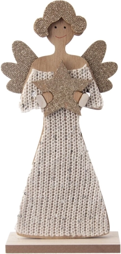 Wood and wool angel decoration, brown, 26 cm