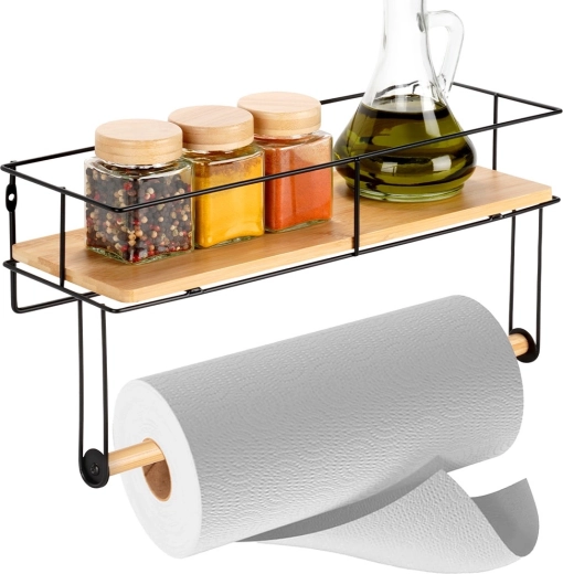 Wall-mounted paper towel holder with shelf, metal, black