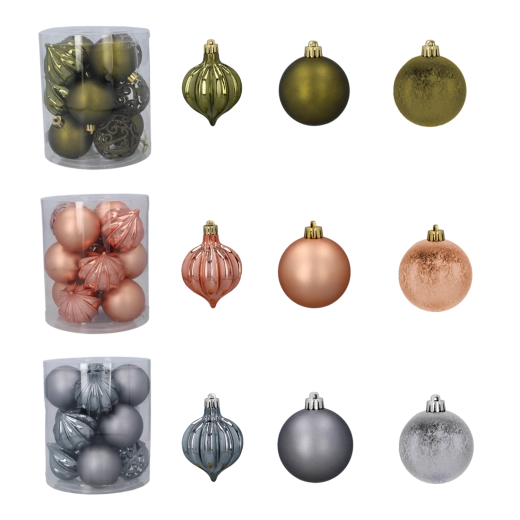 Set de boules de Noël 6 cm – olive, cuivre et graphite (12 pcs)