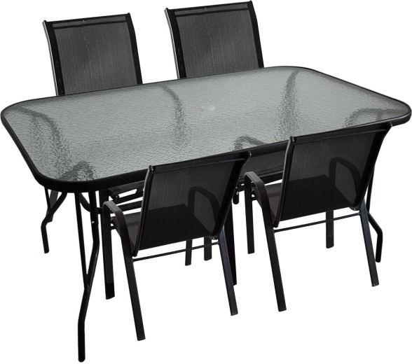 Set da pranzo da giardino con tavolo in vetro e 4 sedie, acciaio e textilene, nero